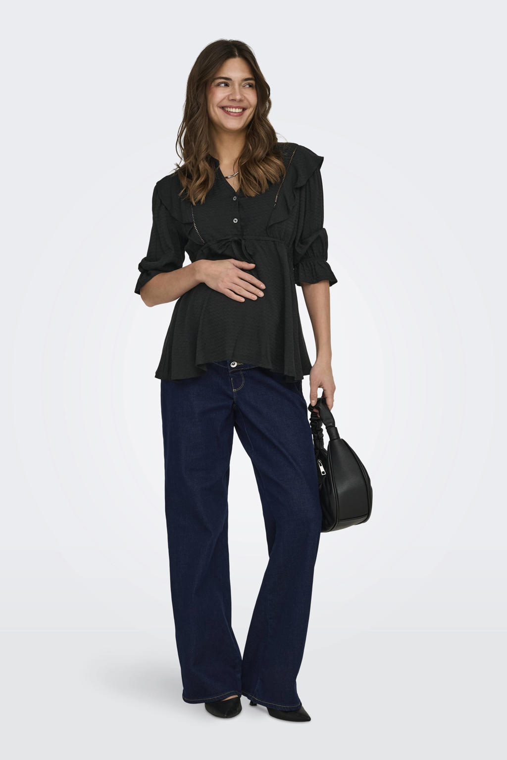 Zwarte dames ONLY MATERNITY zwangerschaps blousetop van viscose met effen, korte mouwen, V-hals en geweven detail