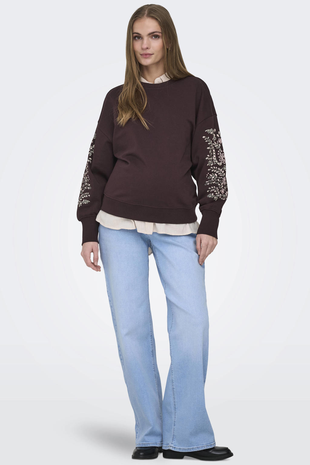 Donkerblauwe dames ONLY MATERNITY zwangerschaps gebloemde sweater met lange mouwen, ronde hals en geribde boorden