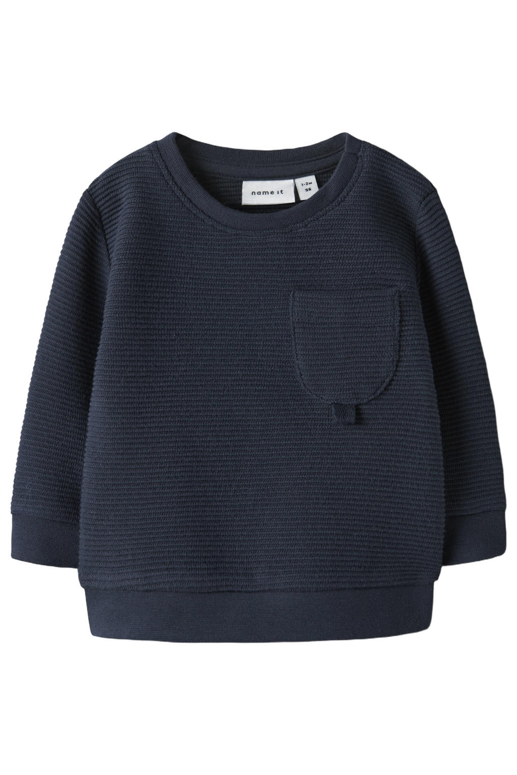 Donkerblauwe jongens NAME IT BABY sweater van stretchkatoen met effen, lange mouwen, ronde hals, knoopsluiting en textuur