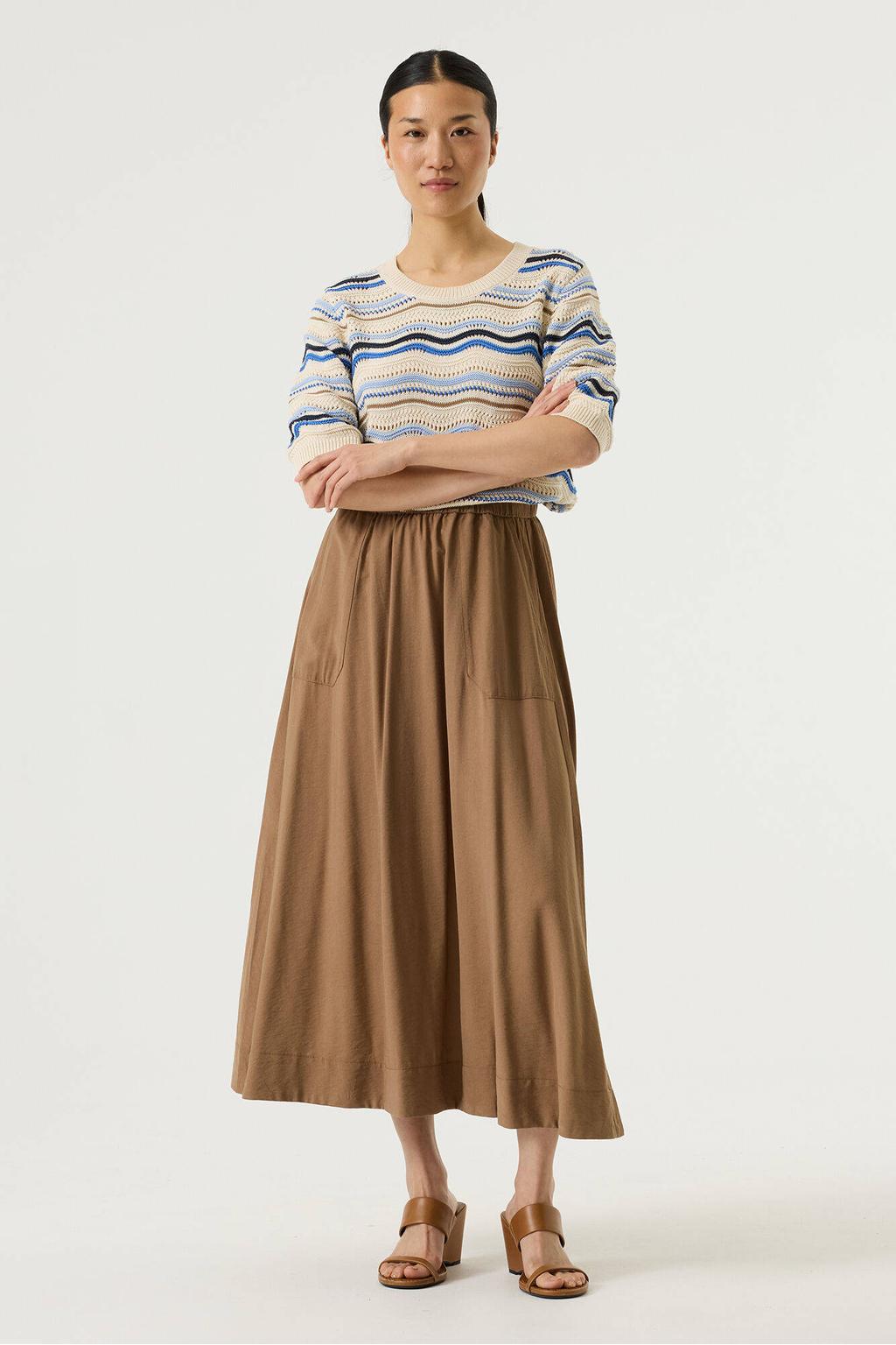 Ecru en blauwe dames Garcia top met driekwart mouwen en ronde hals