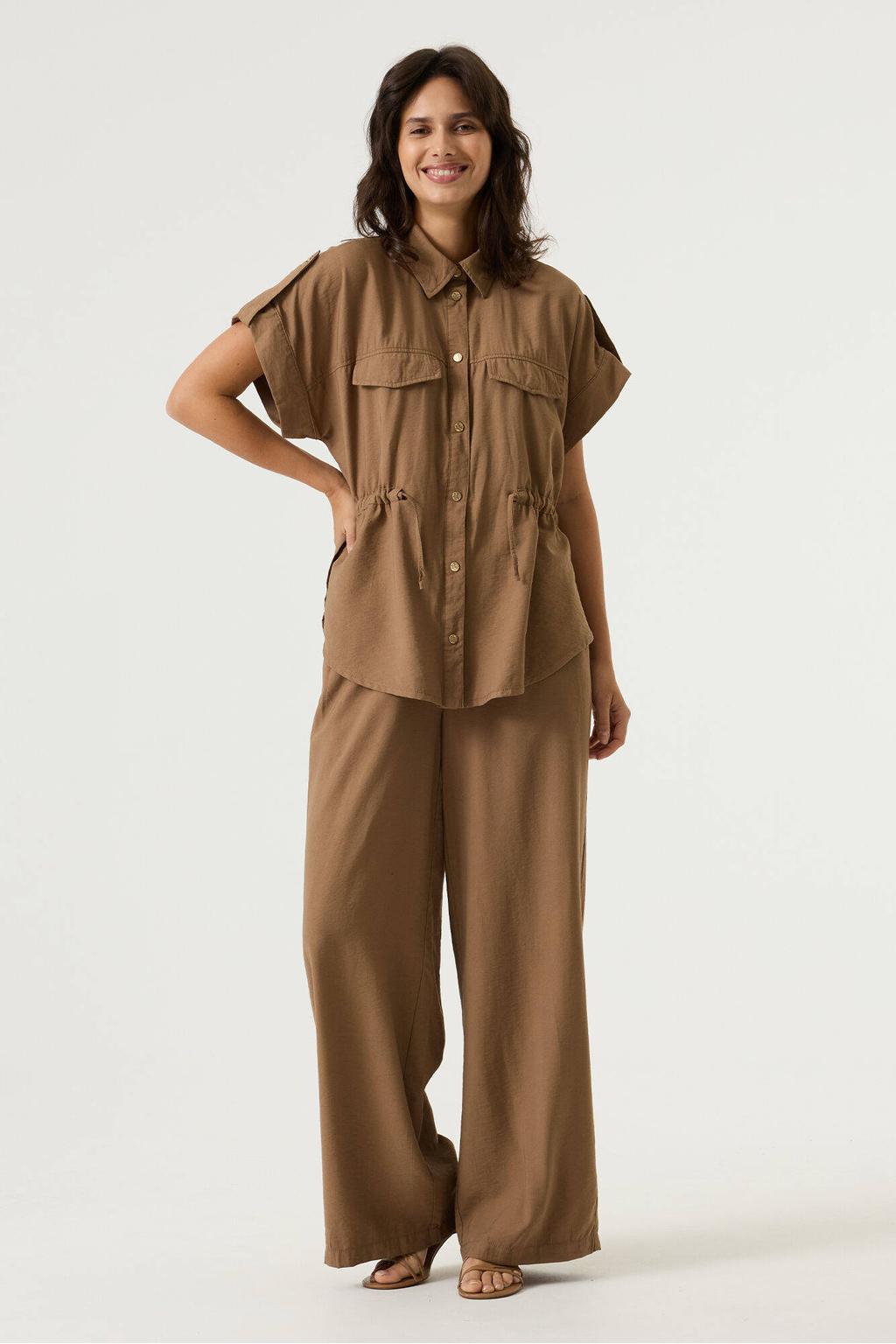 Taupe dames Garcia wide leg regular waist broek van viscose met effen
