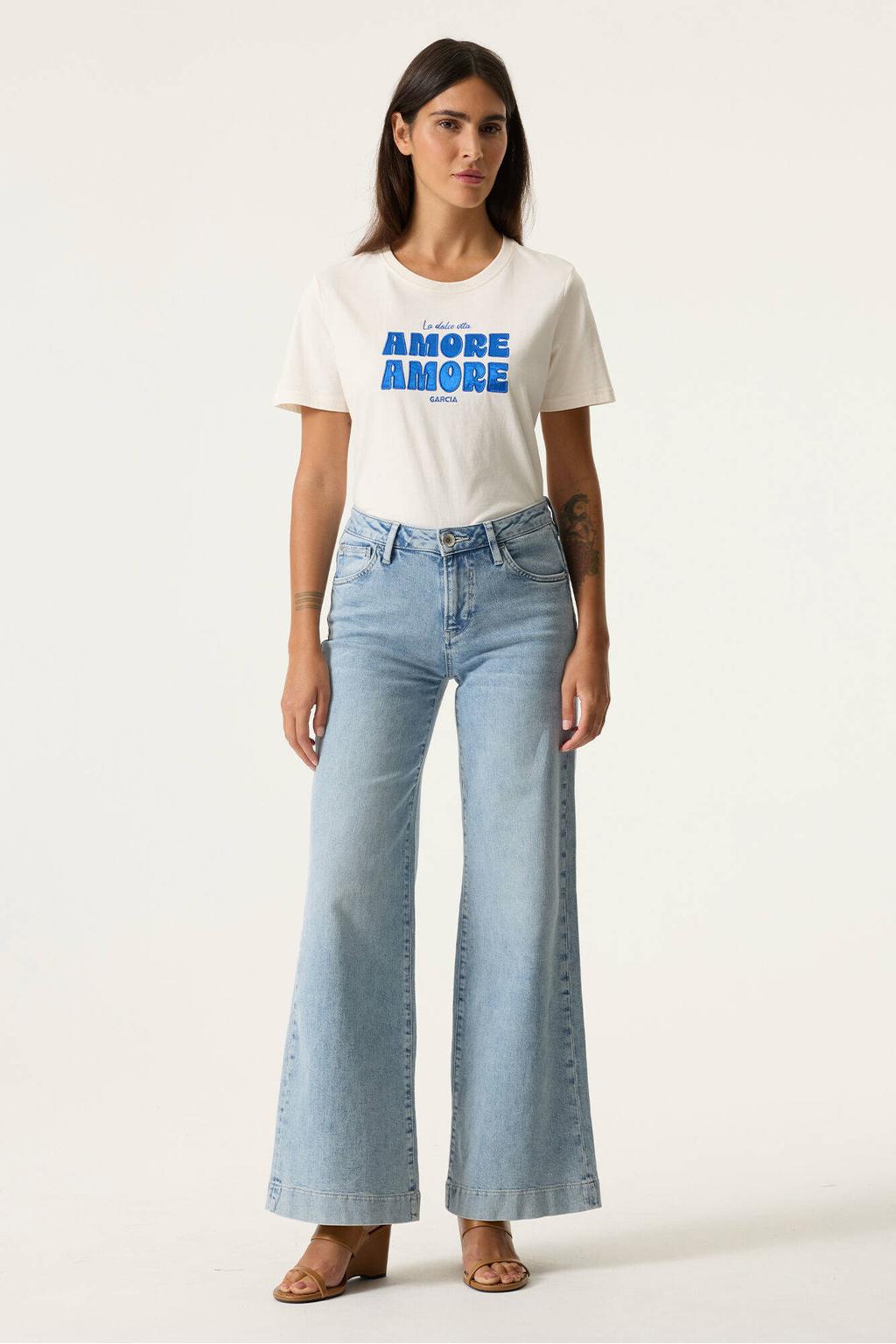 Wit en blauwe dames Garcia T-shirt van katoen met tekst print, korte mouwen en ronde hals