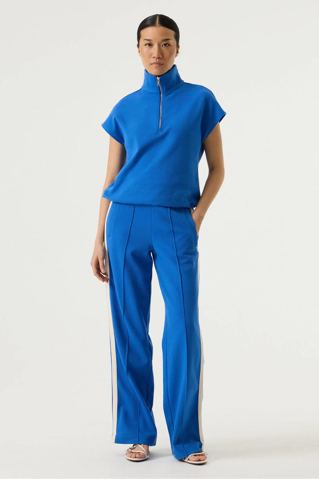 Blauwe dames Garcia straight regular waist broek van polyester met elastische tailleband en effen