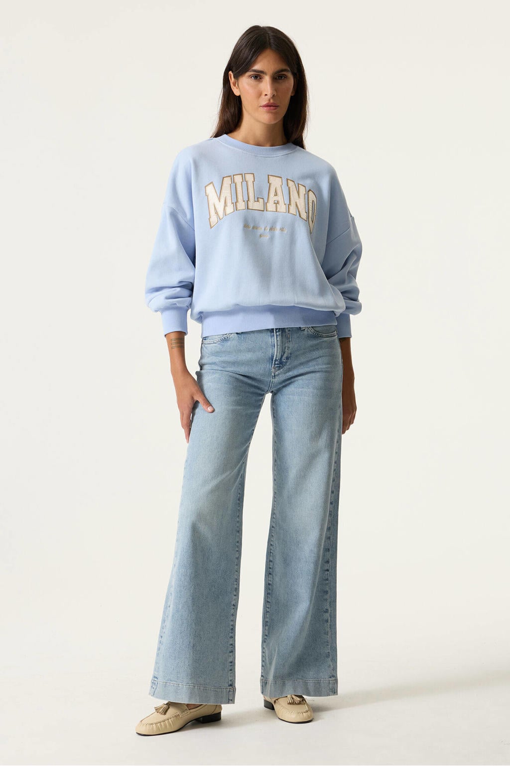 Blauwe dames Garcia sweater van katoen met printopdruk, lange mouwen, ronde hals en geribde boorden
