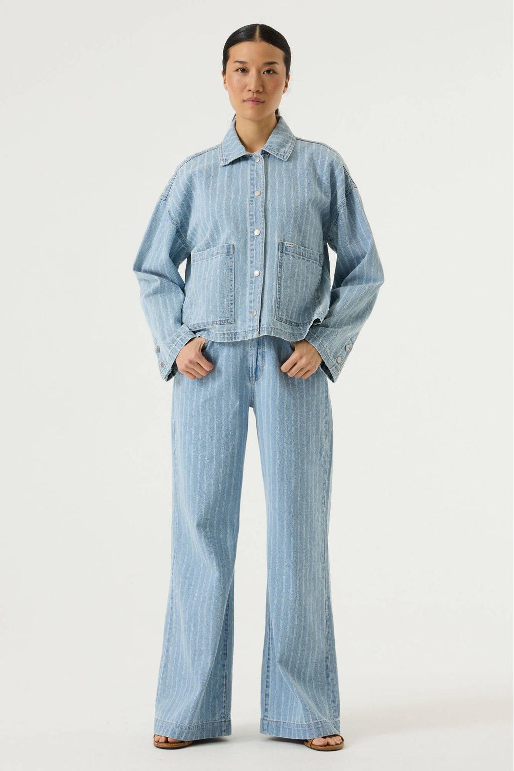 Light blue denim dames Garcia gestreepte wide leg jeans van denim met rits- en knoopsluiting