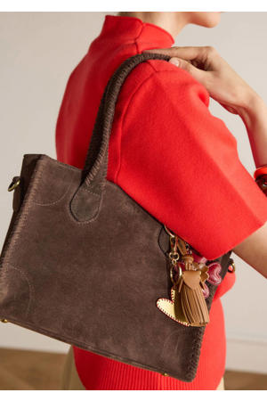 suede schoudertas donkerbruin