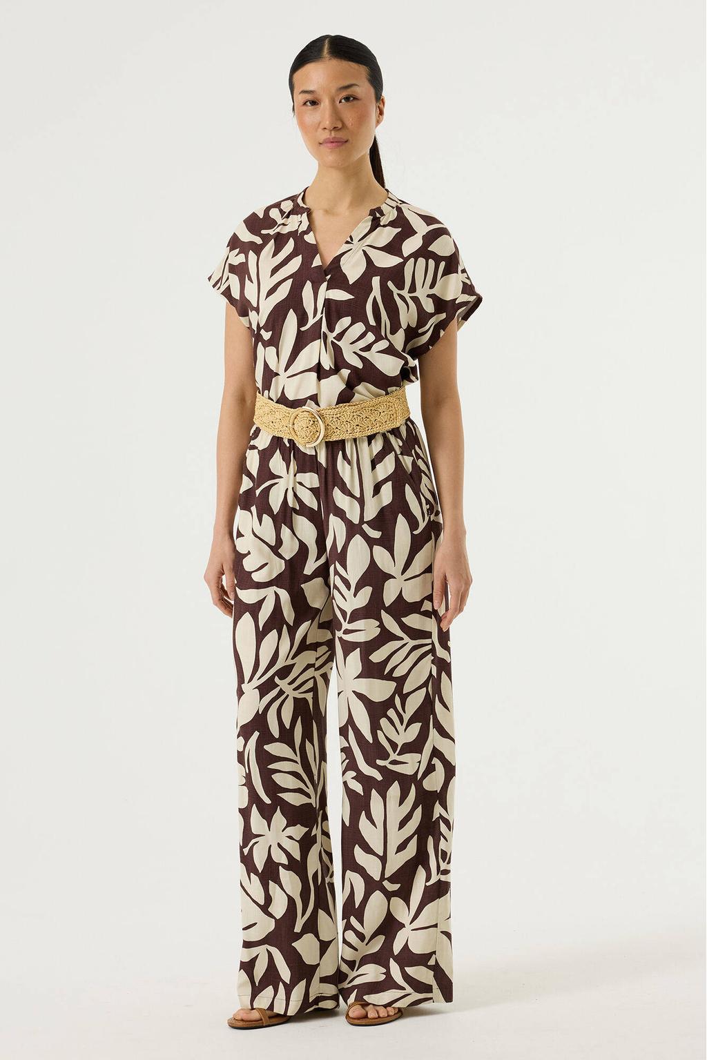 Bruine dames Garcia regular waist gebloemde casual broek van viscose met loose fit en elastische tailleband