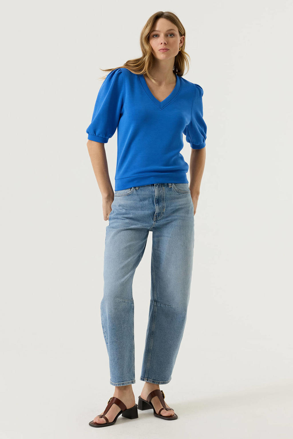 Blauwe dames Garcia sweater van modal met effen, lange mouwen, V-hals en elastische boord