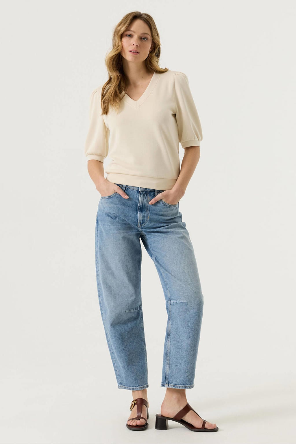 Ecru dames Garcia sweater van modal met effen, half lange mouwen, V-hals en elastische boord