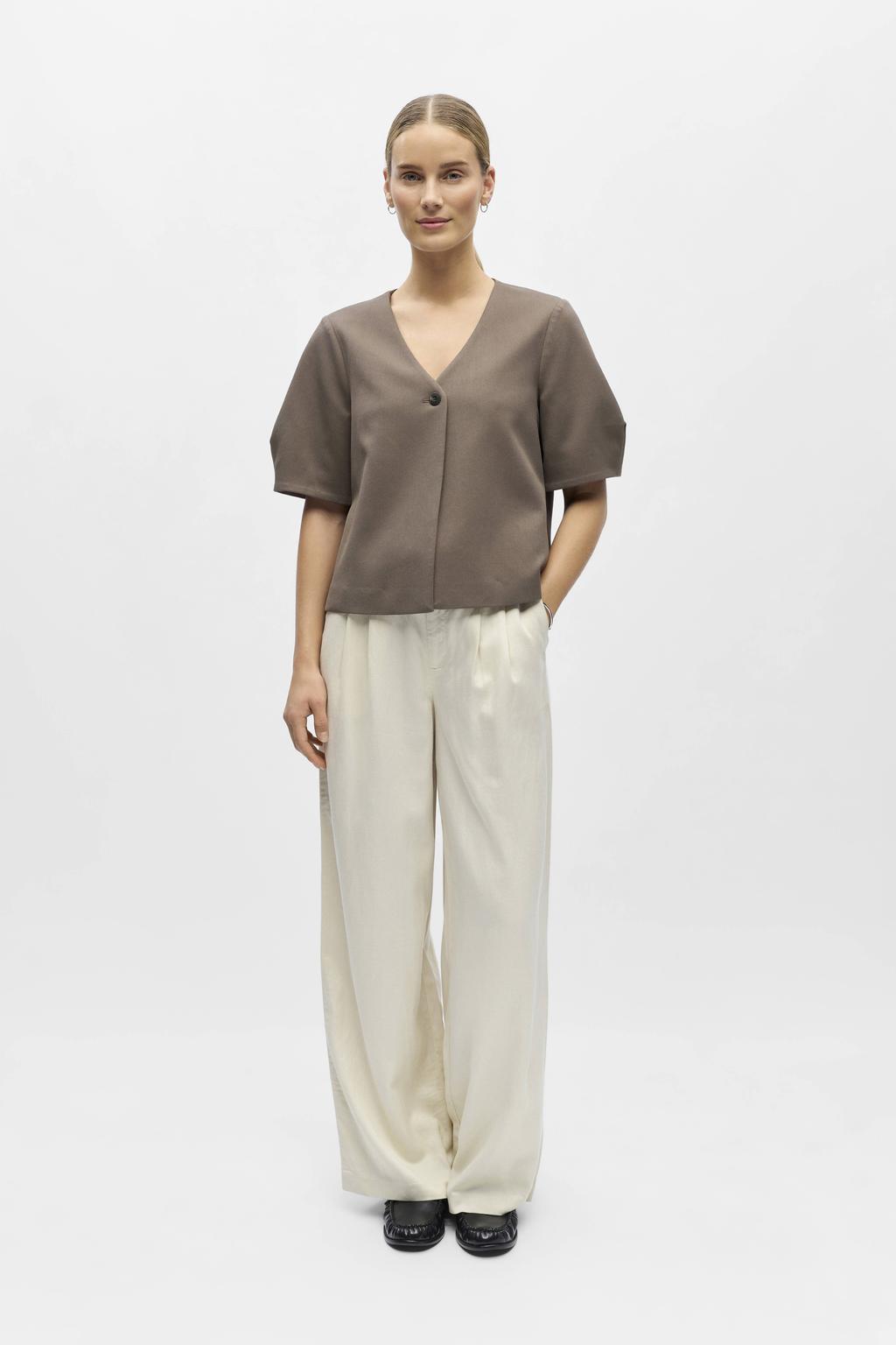 Bruine dames OBJECT top van polyester met effen, korte mouwen, V-hals en geweven detail
