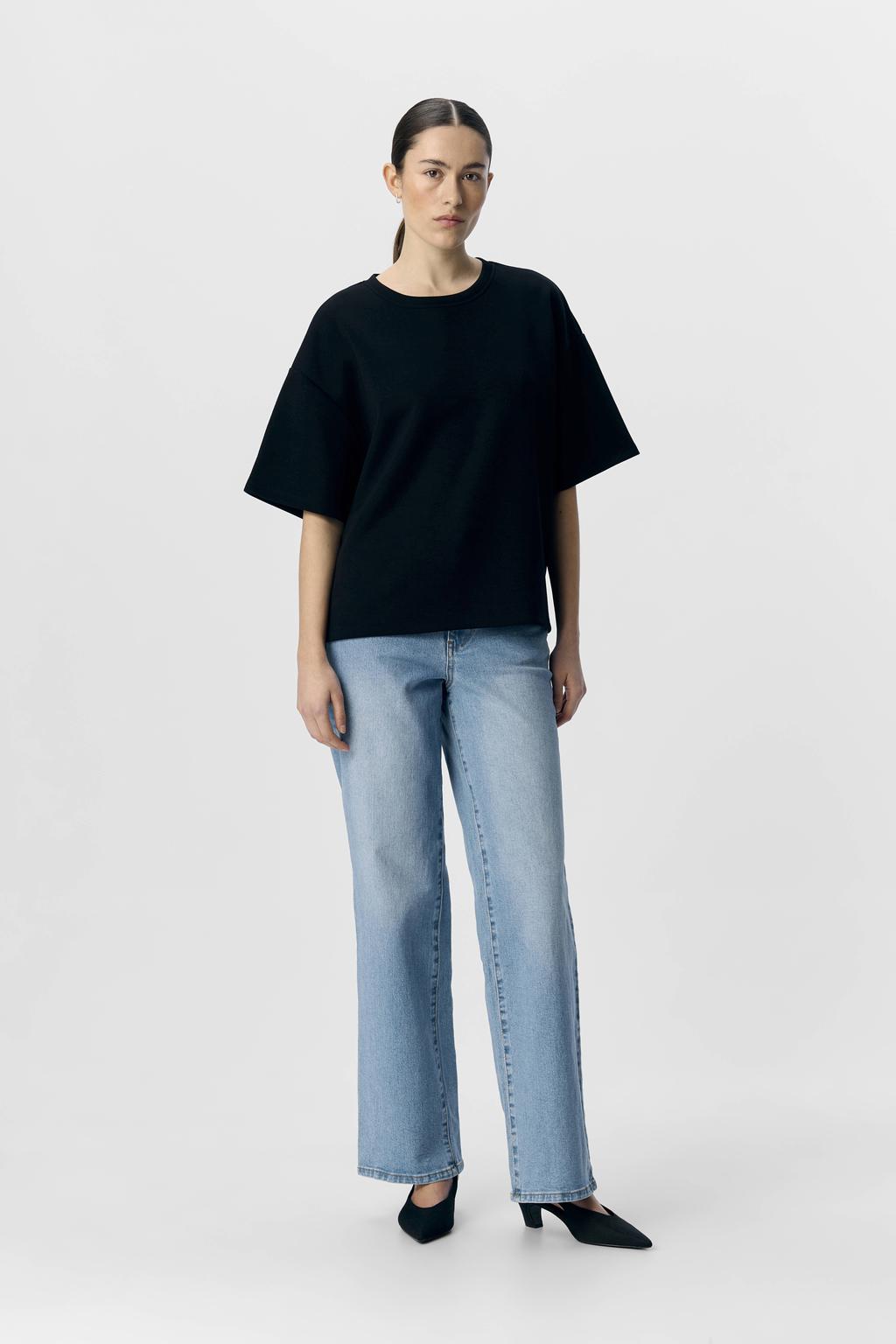 Zwarte dames OBJECT top van polyester met effen, driekwart mouwen, ronde hals en gebreide details