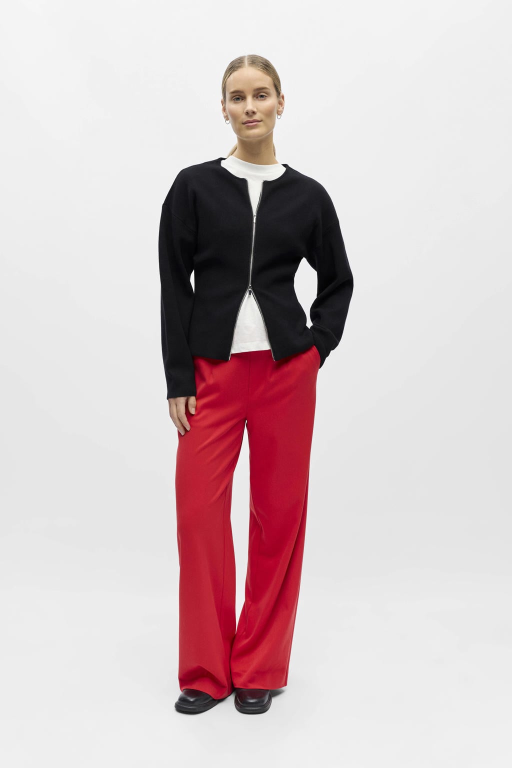 Rode dames OBJECT Wide leg regular waist pantalon met effen