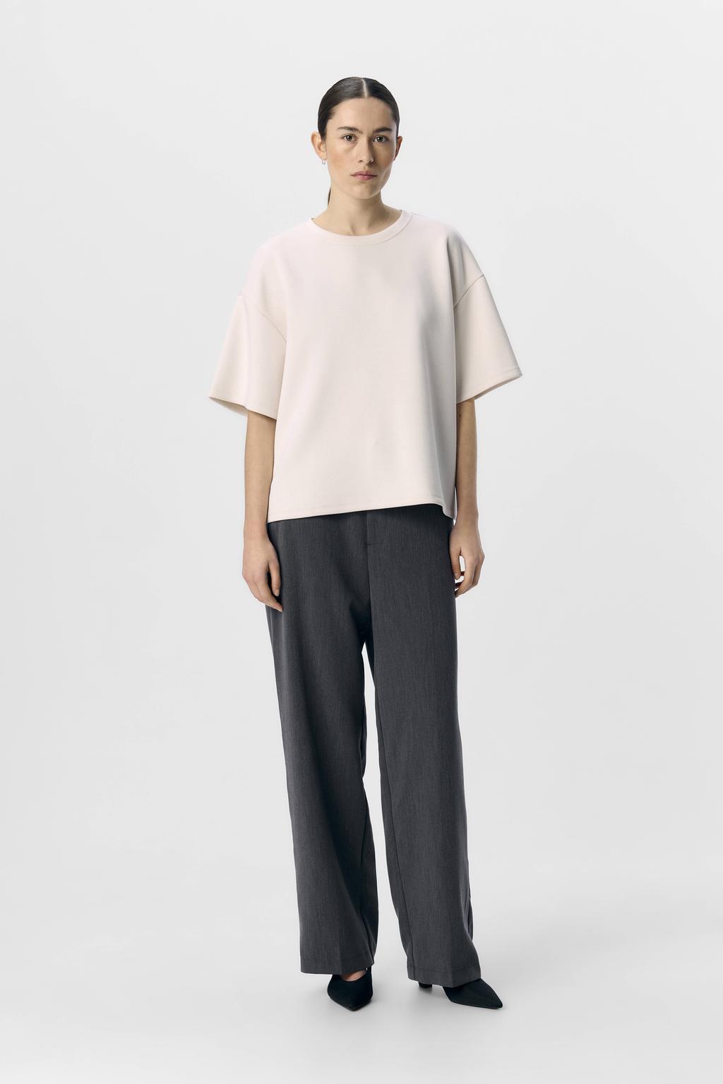 Ecru dames OBJECT top gebreid van polyester met effen, driekwart mouwen en ronde hals