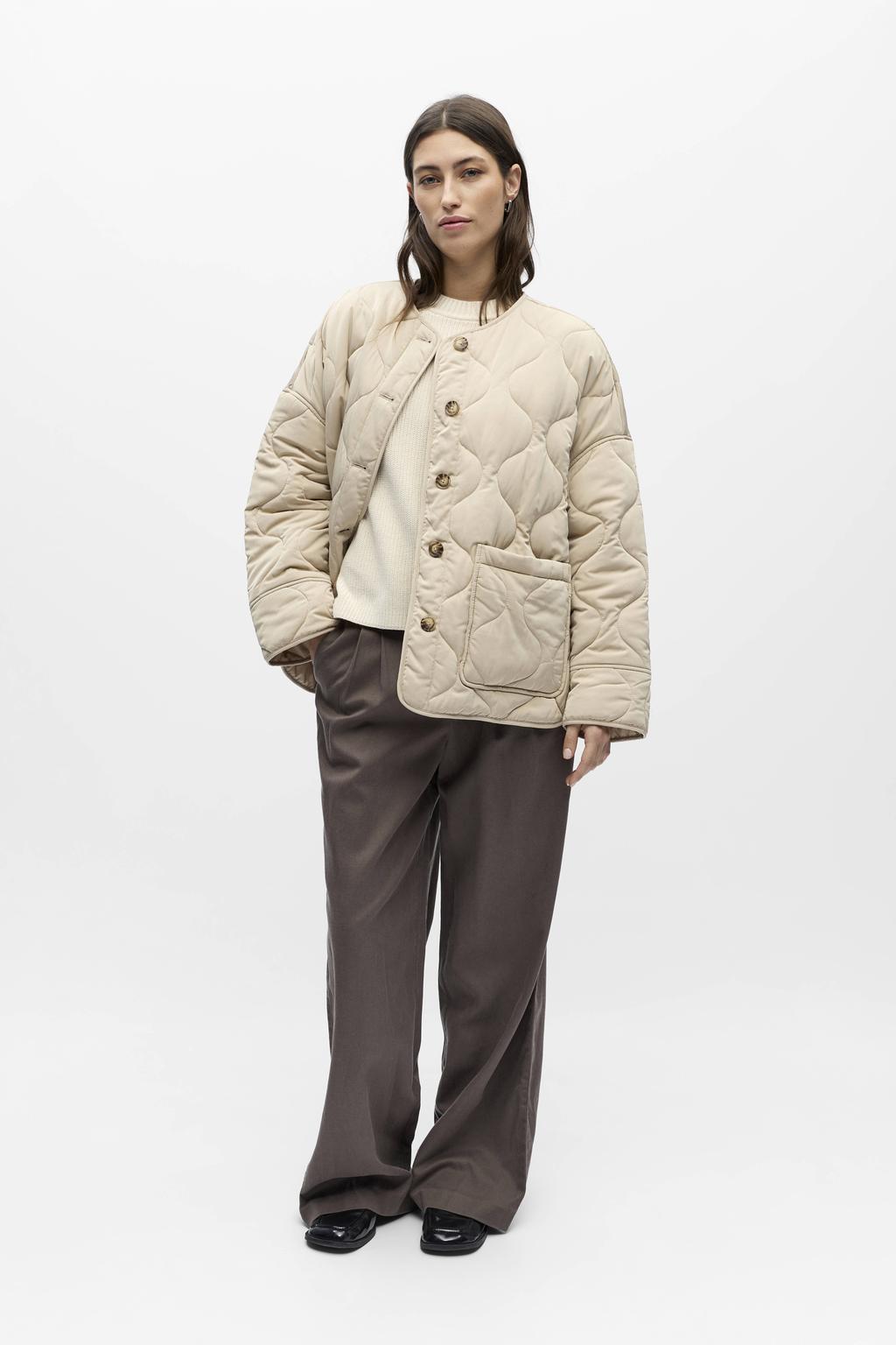 Ecru dames OBJECT outdoor jas quilted van polyester met effen, lange mouwen en knoopsluiting