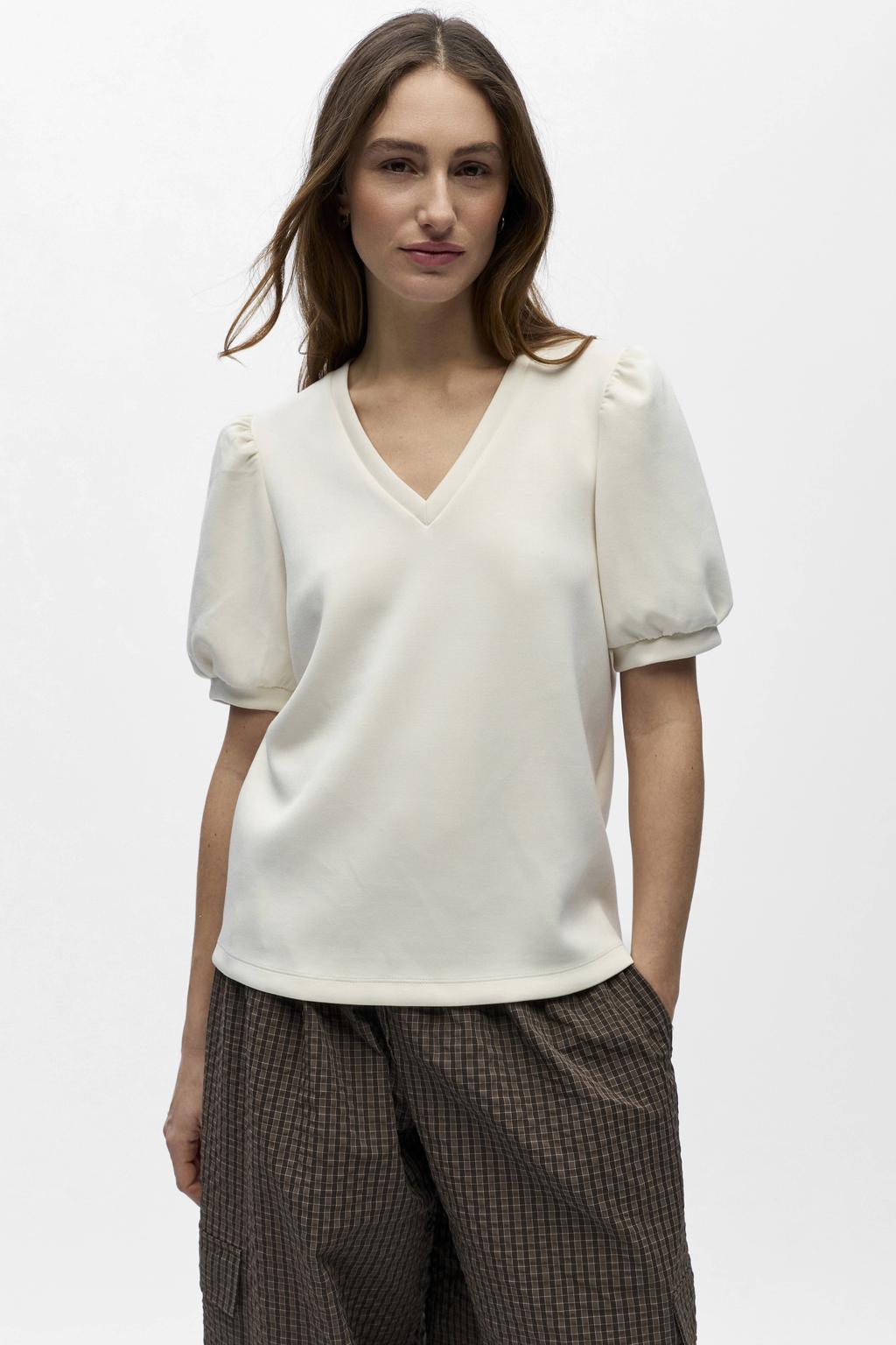 Ecru dames OBJECT top van polyester met effen, korte mouwen, V-hals en gebreide details