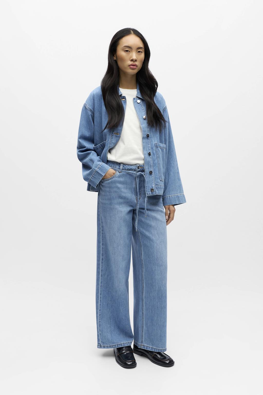 Medium blue denim dames OBJECT wide leg jeans van denim met rits- en knoopsluiting en effen