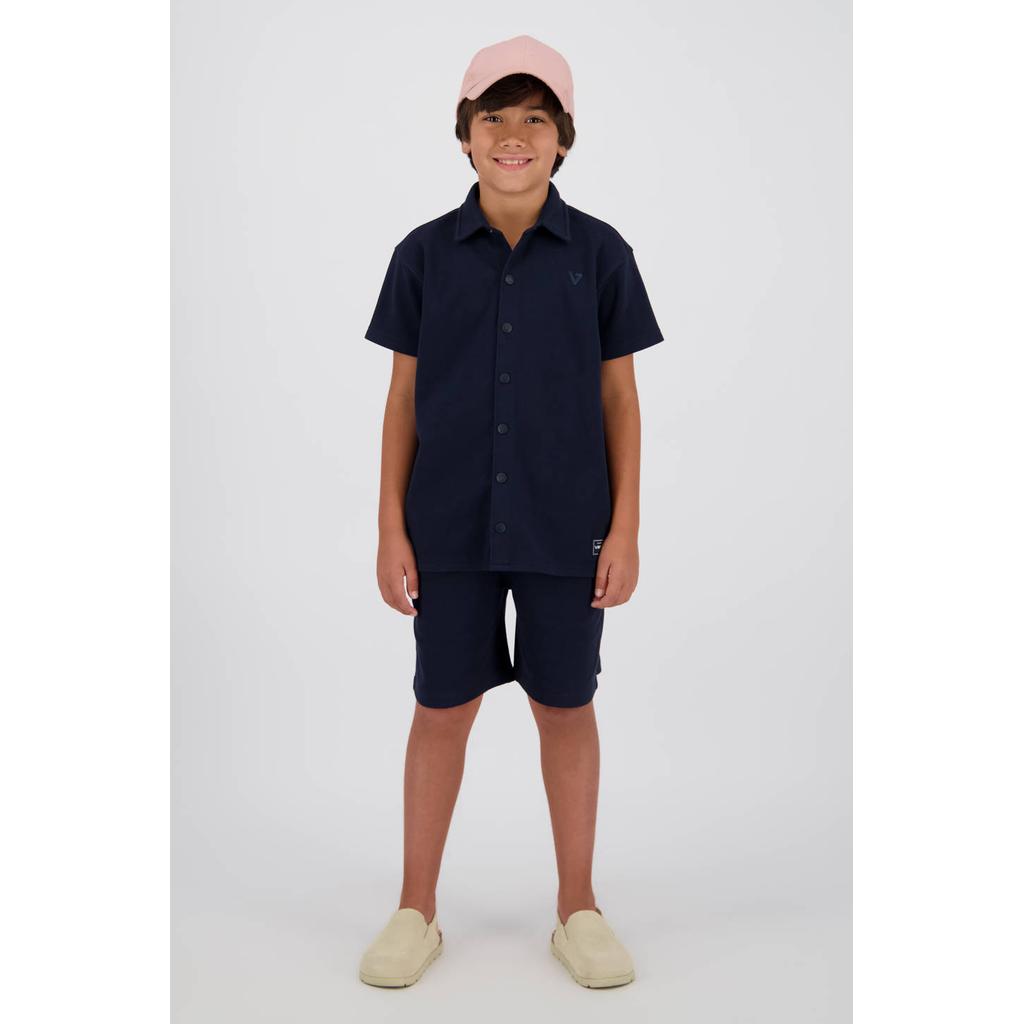 Donkerblauwe jongens Vingino relaxed regular waist casual short van katoen met rits- en knoopsluiting en effen