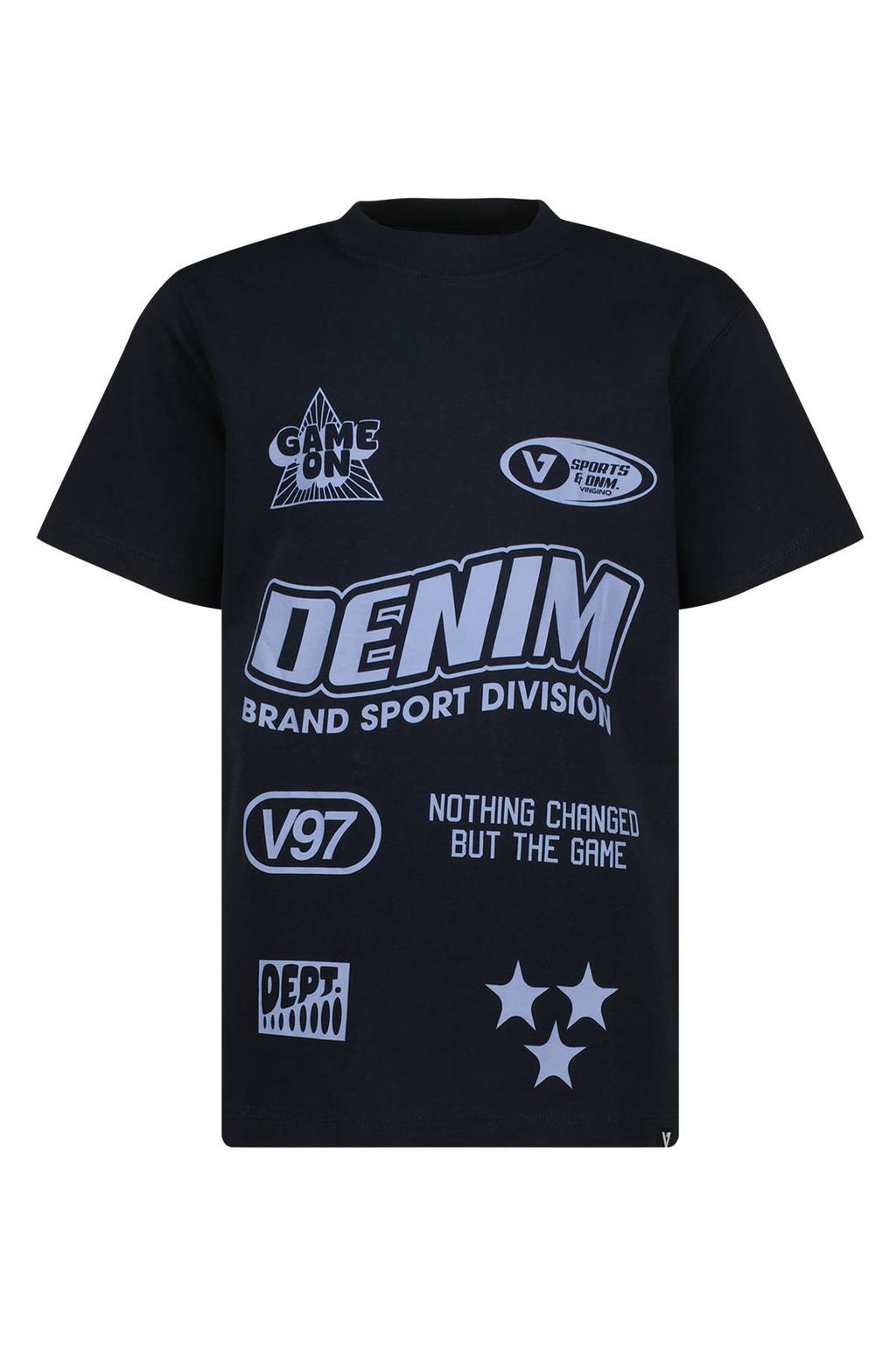 Donkerblauwe jongens Vingino T-shirt van katoen met printopdruk, korte mouwen en ronde hals