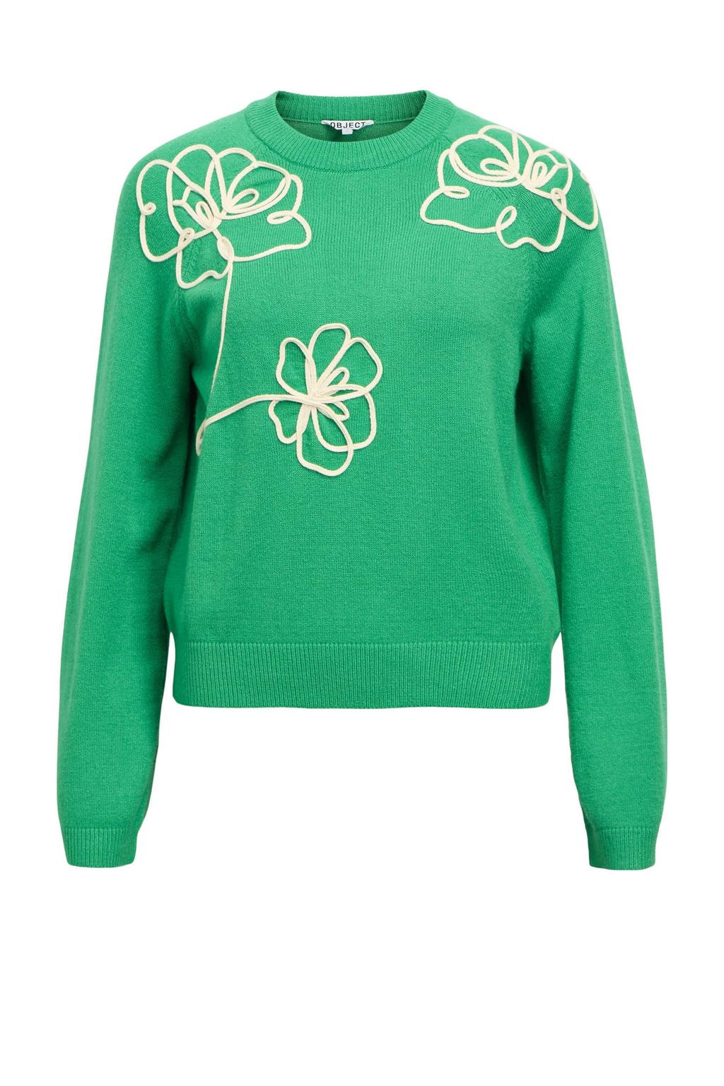 Groen en ecru dames OBJECT gebloemde trui van viscose met lange mouwen, ronde hals en ingebreid patroon