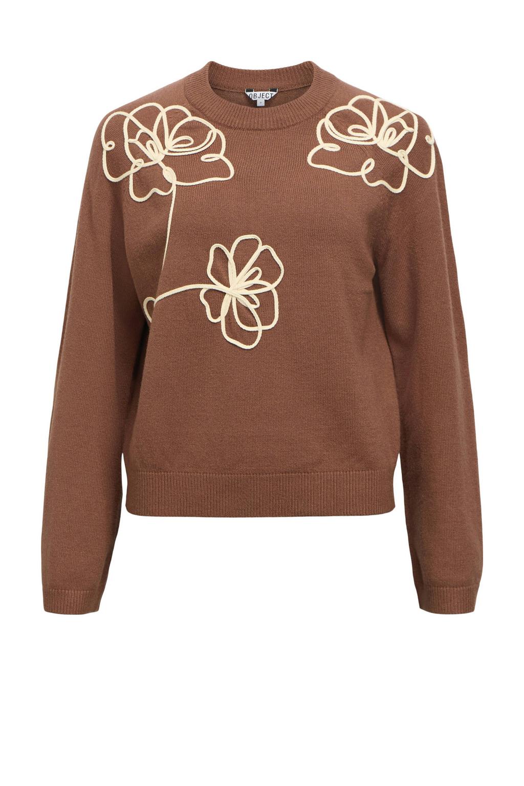 Bruin en ecru dames OBJECT gebloemde trui van viscose met lange mouwen, ronde hals en borduursels
