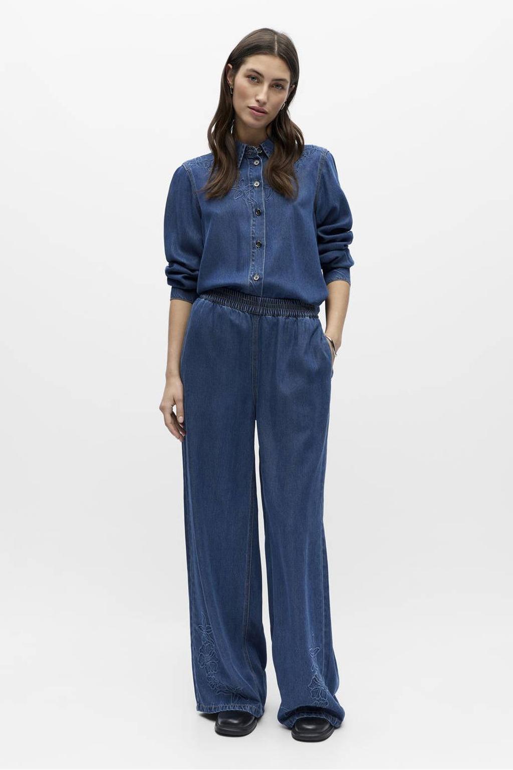 Blauwe dames OBJECT high waist gebloemde casual broek van lyocell met loose fit en elastische tailleband