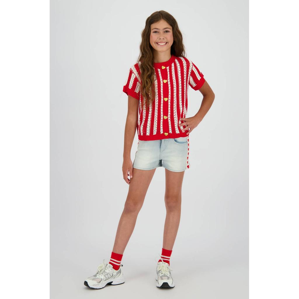 Rood en witte meisjes Vingino gebreid vest van acryl met meerkleurige print, korte mouwen, ronde hals en knoopsluiting