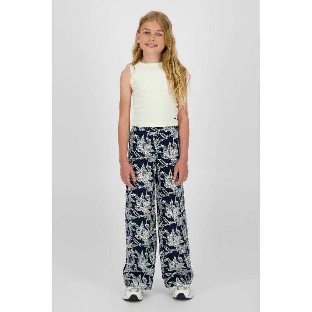 Donkerblauw en witte meisjes Vingino wide leg casual broek van viscose met high waist