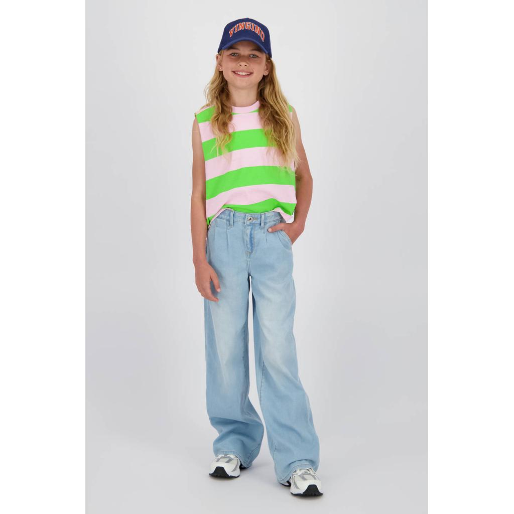 Light blue denim meisjes Vingino Cathy high waist wide leg jeans van denim met rits- en knoopsluiting en effen