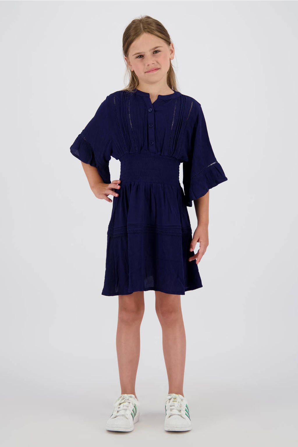 Donkerblauwe meisjes Vingino midi jurk broderie van katoen met effen, half lange mouwen en ronde hals