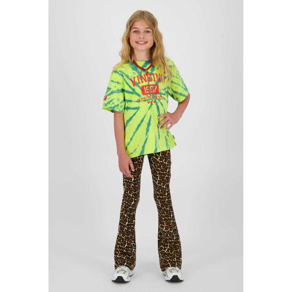 Bruine meisjes Vingino flared broek van viscose met high waist, elastische tailleband en dierenprint