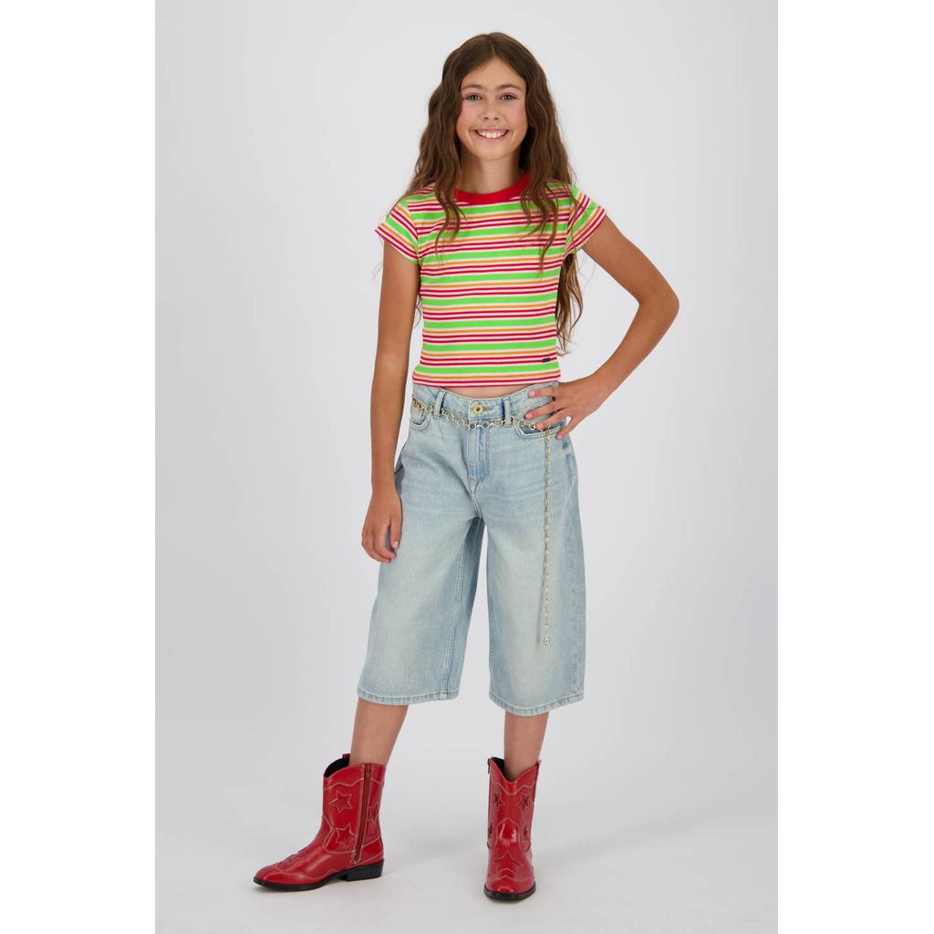 Light blue denim meisjes Vingino wide leg jort van denim met high waist, rits- en knoopsluiting en effen