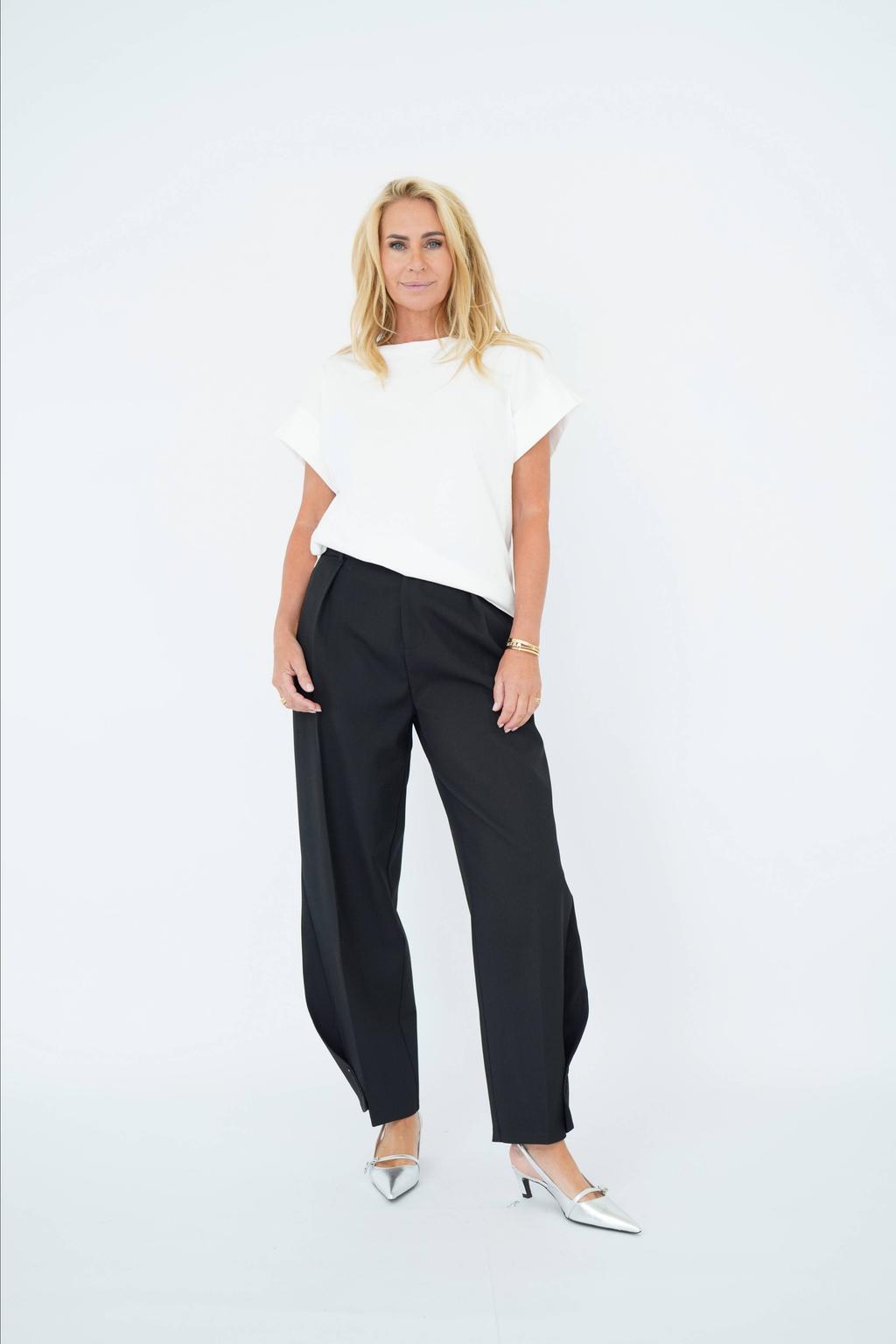 Zwarte dames Est'seven X Ellemieke barrel high waist broek van polyester met rits- en knoopsluiting