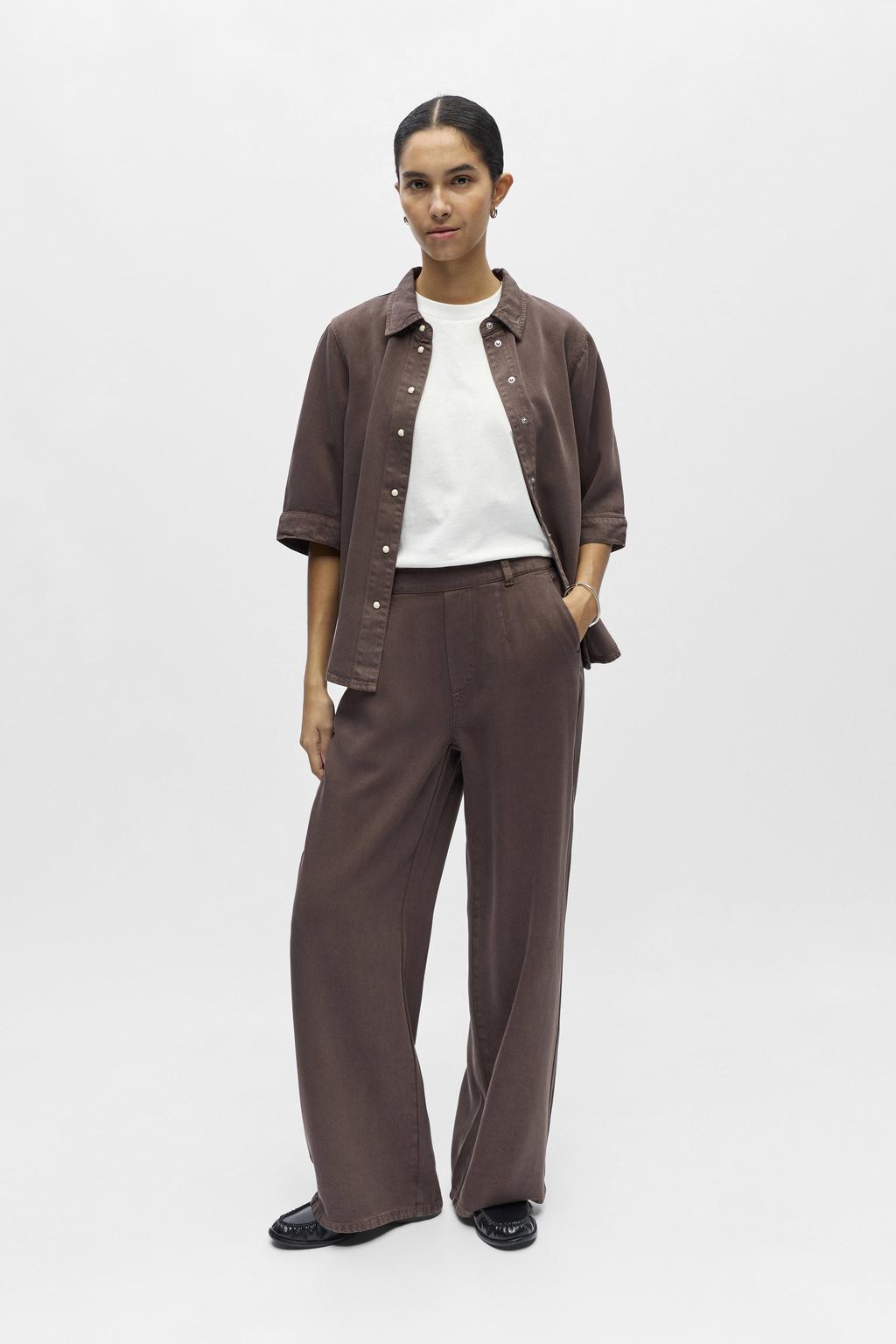 Donkerblauwe dames OBJECT Wide leg regular waist casual broek van lyocell met effen