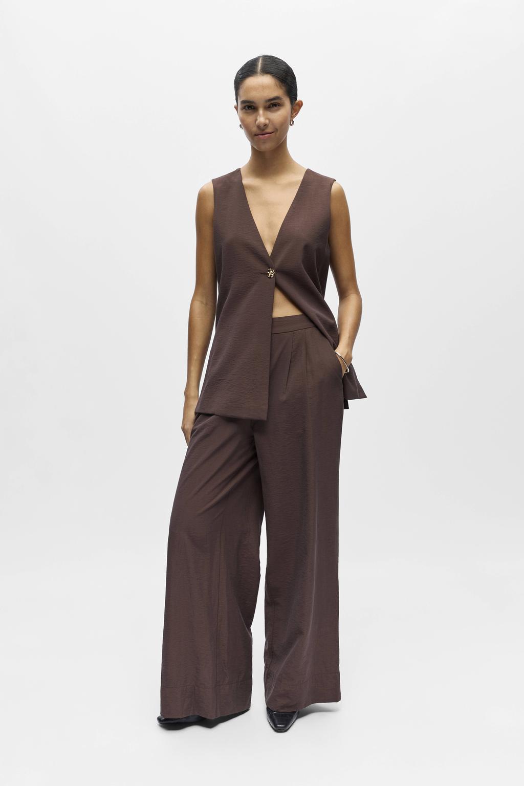 Donkerblauwe dames OBJECT wide leg high waist casual broek met rits- en knoopsluiting en effen