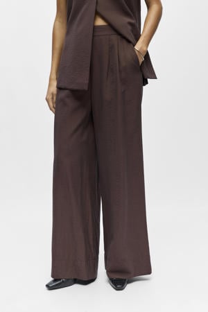 wide leg high waist casual broek donkerbruin