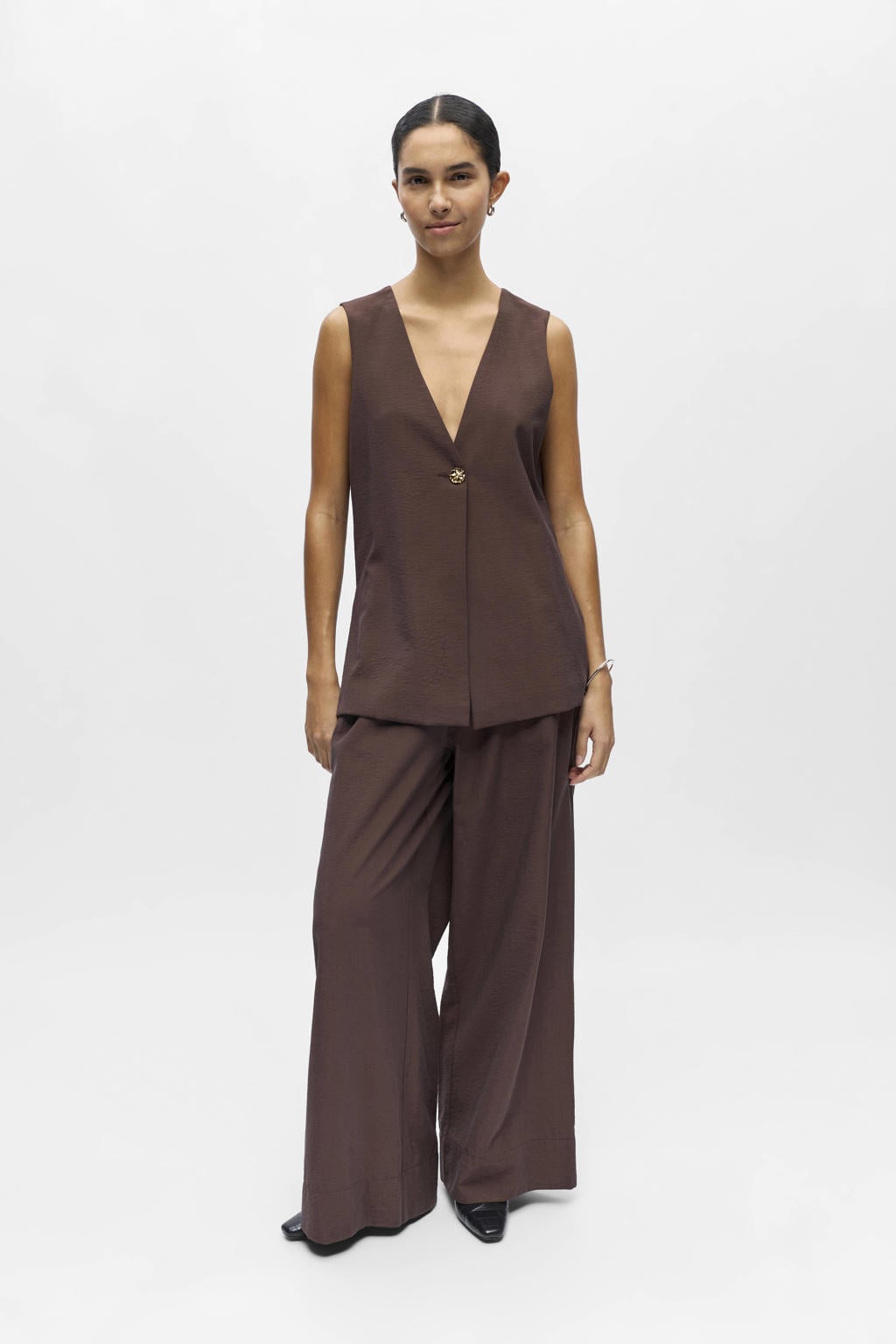 Donkerblauwe dames OBJECT gilet van viscose met effen, V-hals, knoopsluiting en geweven detail