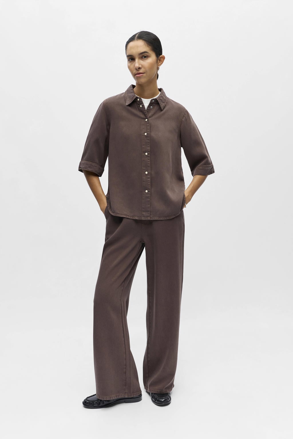 Donkerblauwe dames OBJECT blouse van denim met effen, half lange mouwen, klassieke kraag, knoopsluiting en geweven detail