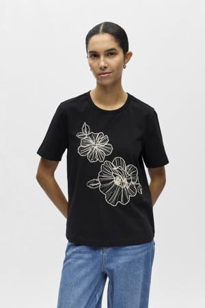 gebloemde T-shirt zwart