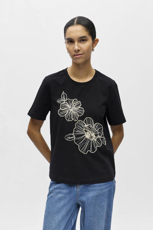 gebloemde T-shirt zwart
