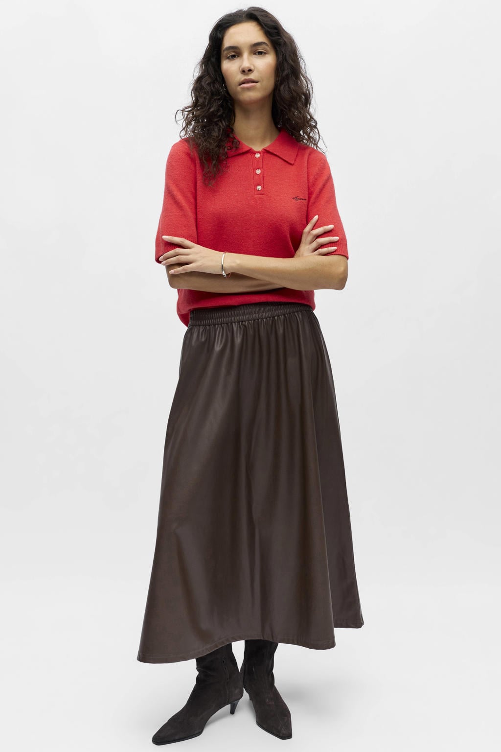 Rode dames OBJECT gebreide trui van katoen met effen, korte mouwen, polo kraag en borduursels