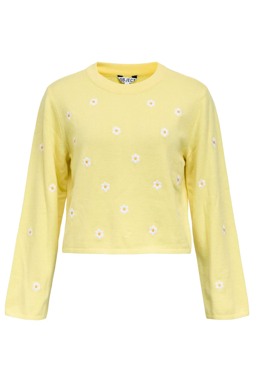 Gele dames OBJECT gebloemde pullover gebreid van viscose met lange mouwen en ronde hals