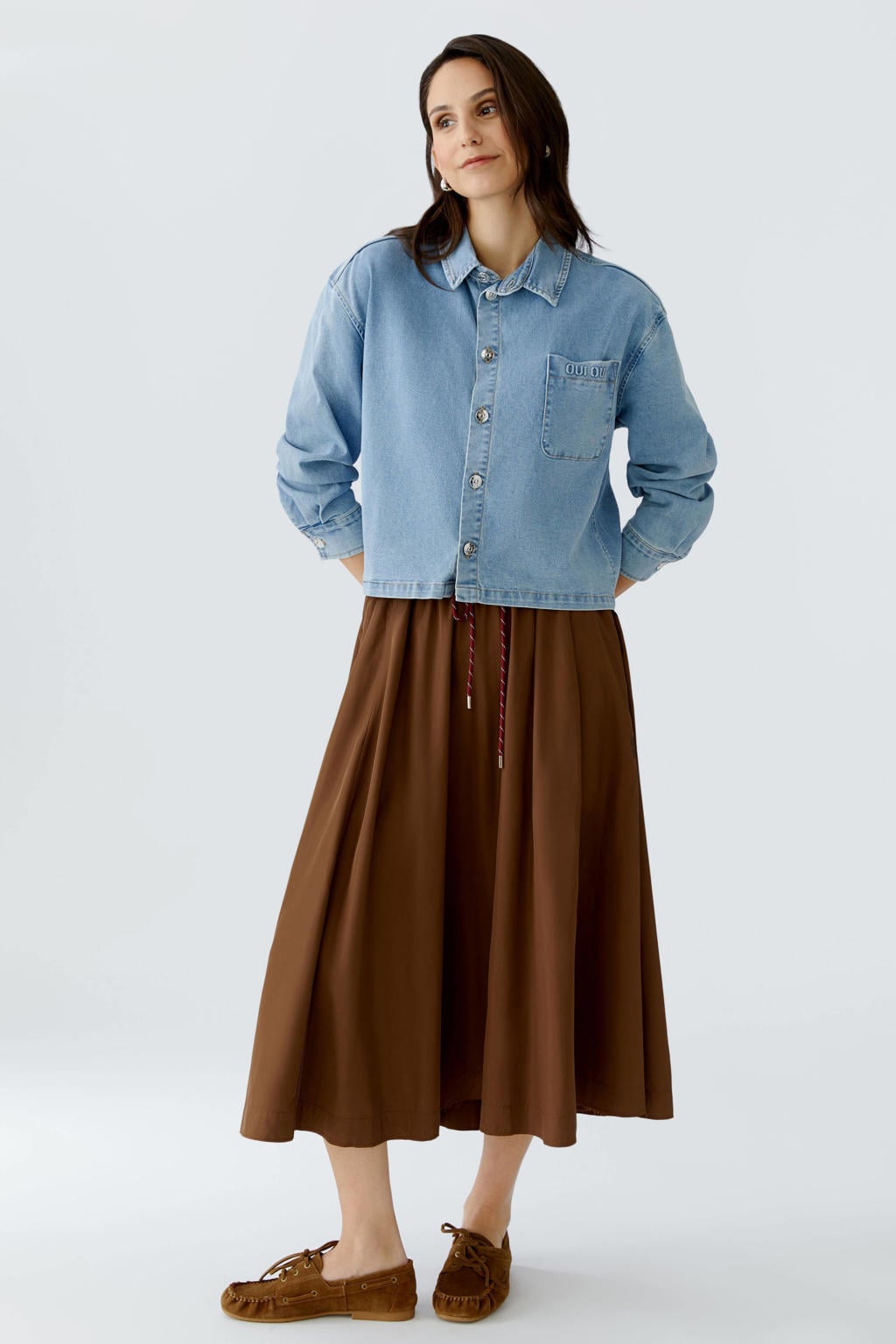 Light blue denim dames OUI spijkerjas van denim met effen, lange mouwen en klassieke kraag