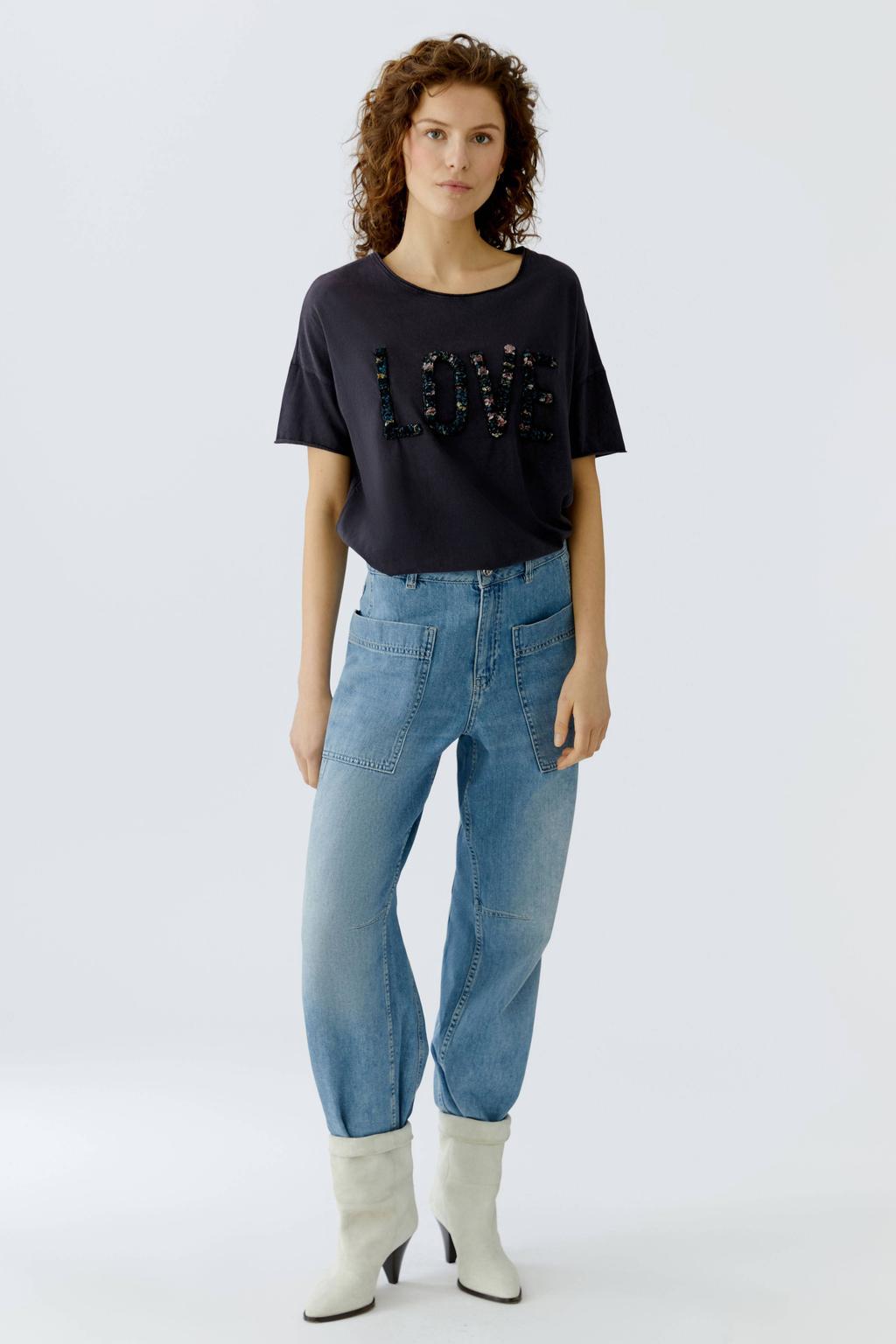 Blauwe dames OUI T-shirt van katoen met effen, korte mouwen, ronde hals en 3D applicatie