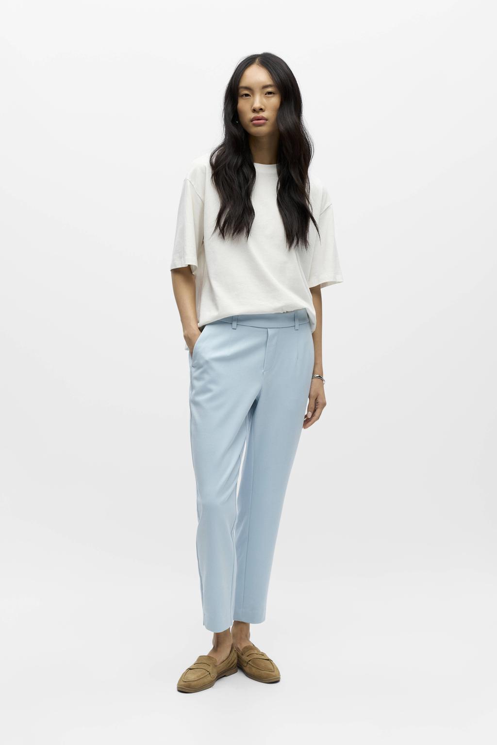 Lichtblauwe dames OBJECT Slim regular waist casual broek van polyester met elastische tailleband en effen