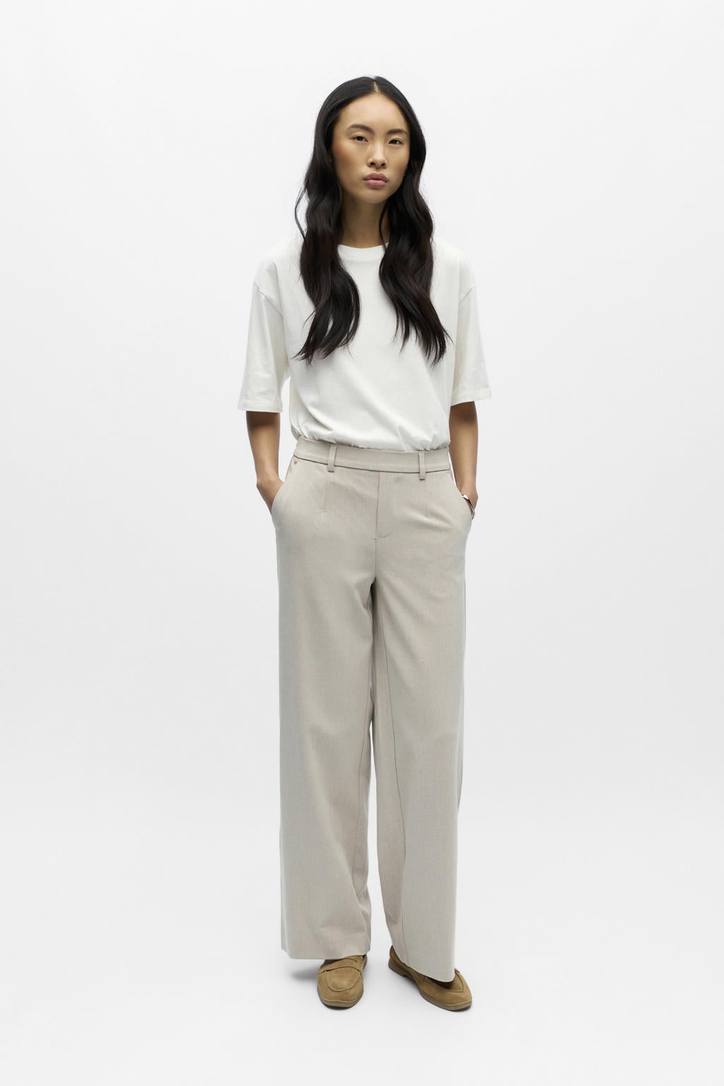 Grijsbruine dames OBJECT Wide leg regular waist pantalon met effen