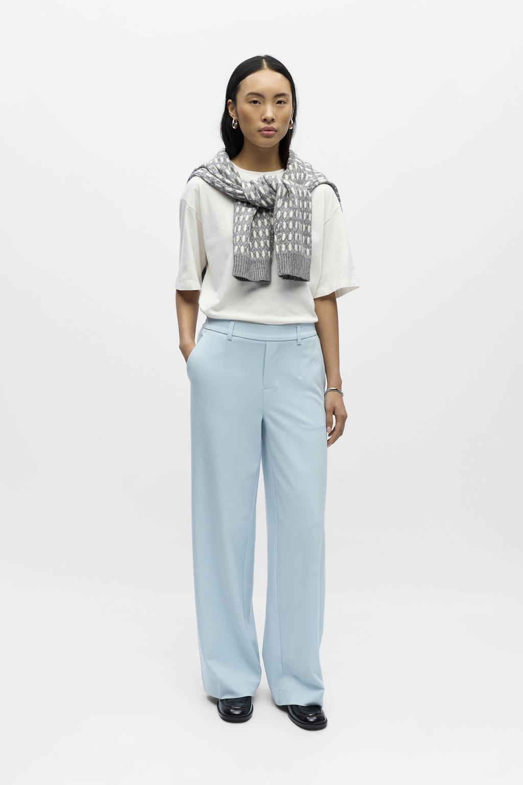 Lichtblauwe dames OBJECT Wide leg regular waist pantalon met effen