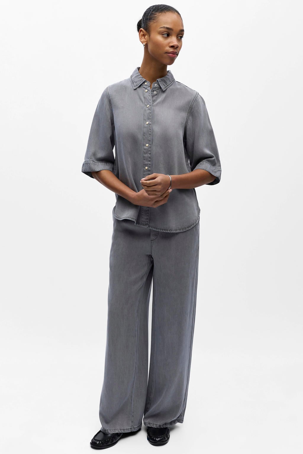 Grey denim dames OBJECT blouse van denim met effen, half lange mouwen, klassieke kraag, knoopsluiting en geweven detail