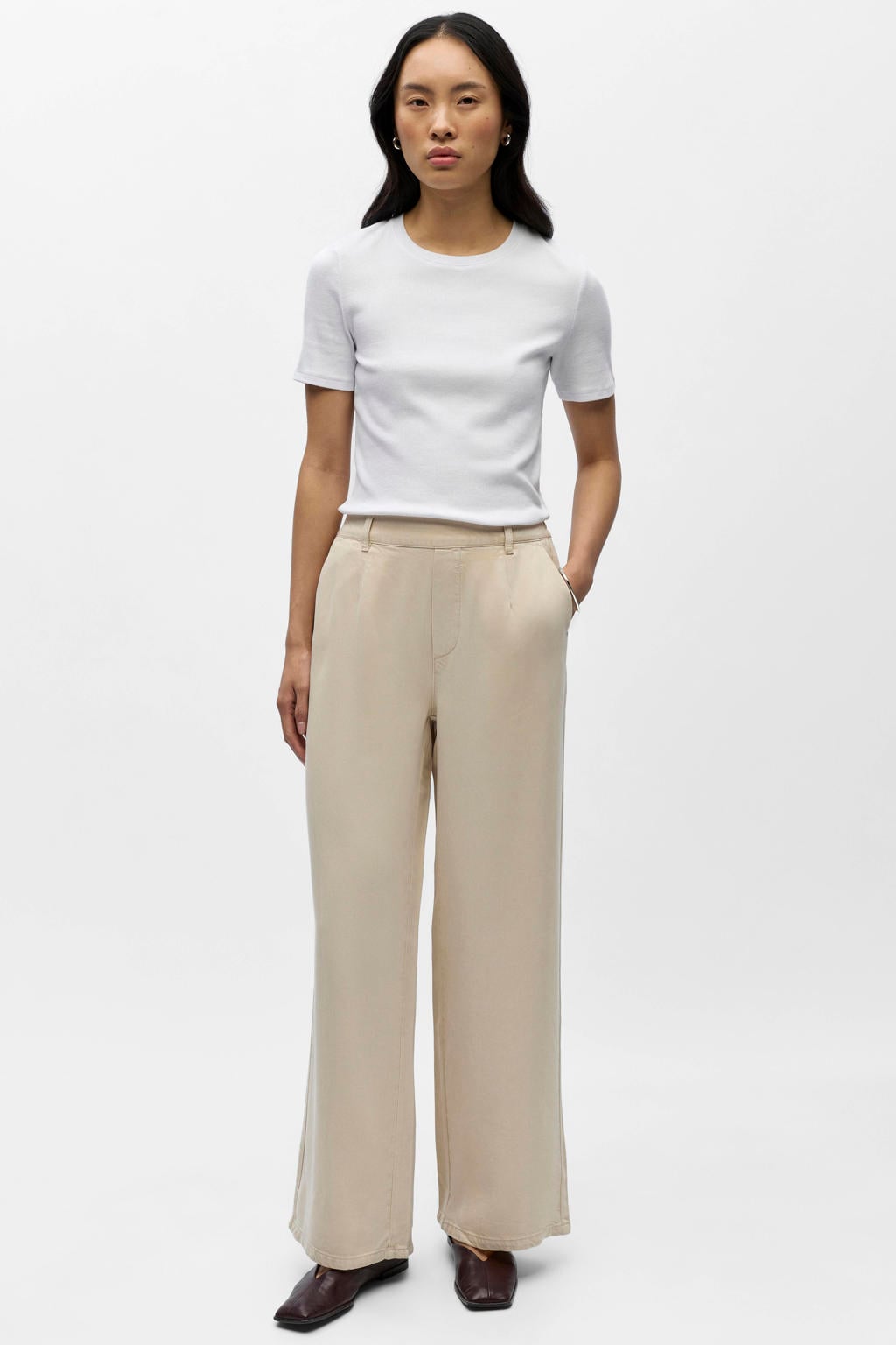 Beige dames OBJECT Wide leg regular waist casual broek van lyocell met effen
