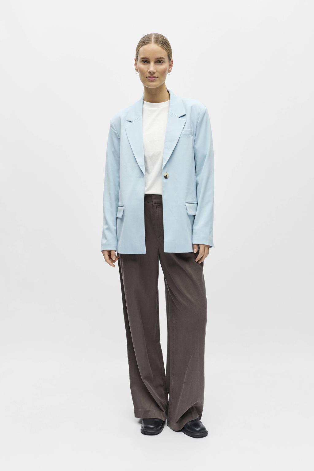 Lichtblauwe dames OBJECT regular blazer van polyester met effen, lange mouwen, reverskraag, knoopsluiting en geweven detail