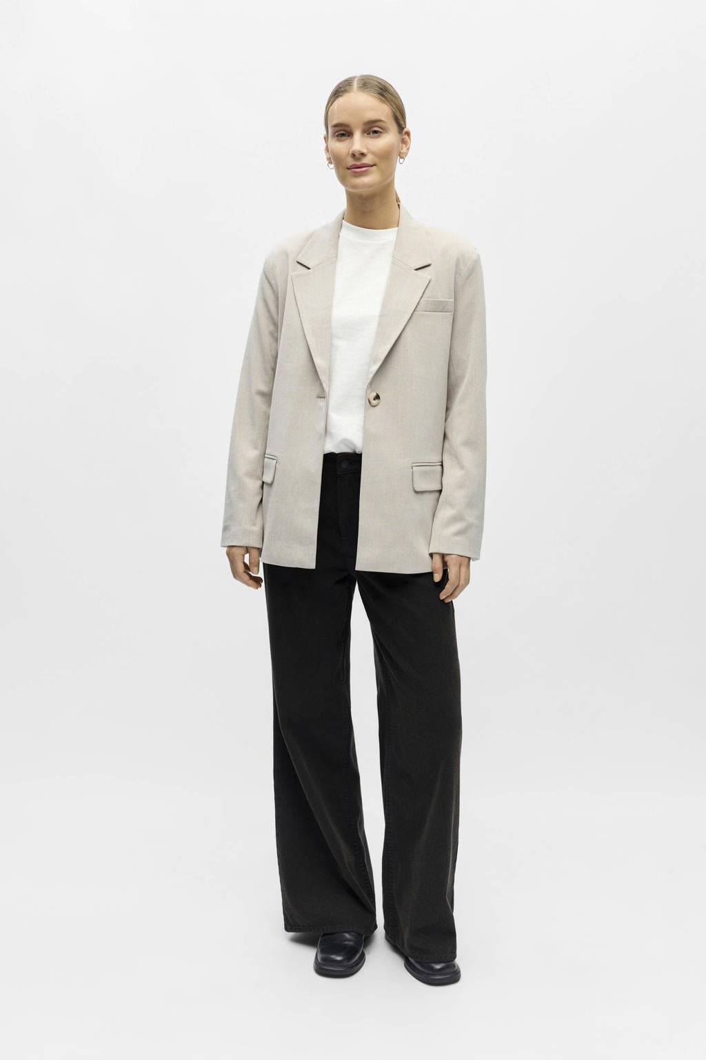 Beige dames OBJECT gestreepte regular blazer van polyester met lange mouwen, reverskraag, knoopsluiting en geweven detail